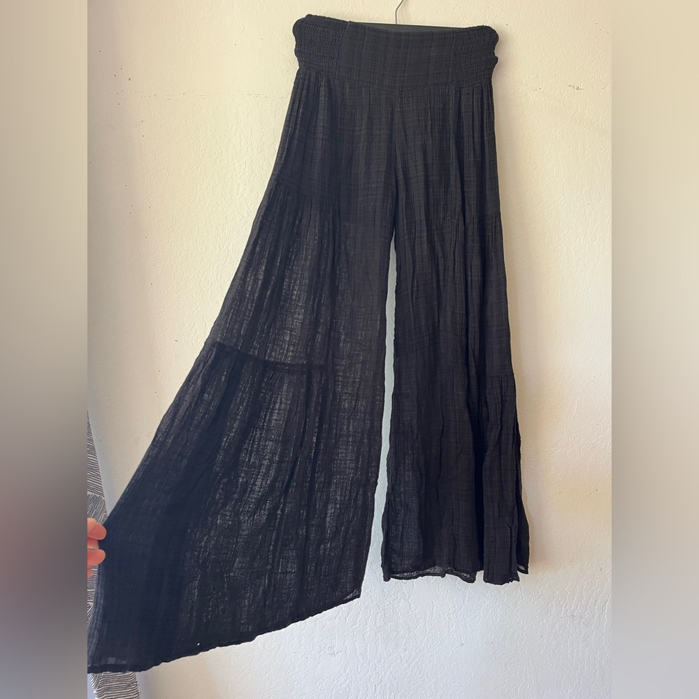 Free People One Good Day Black Wide Leg Teired Ruffle Pants Tie Waist Boho XS